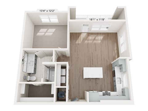 A floor plan of a small apartment with a kitchen, living room, and bathroom.
